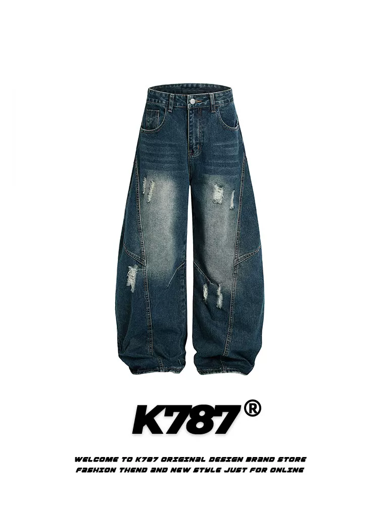 Quần jeans kiểu Mỹ cổ điển rách K787 dành cho nam và nữ, đã qua xử lý làm cũ và tạo hiệu ứng rách, dáng rộng thùng thình, ống rộng.
