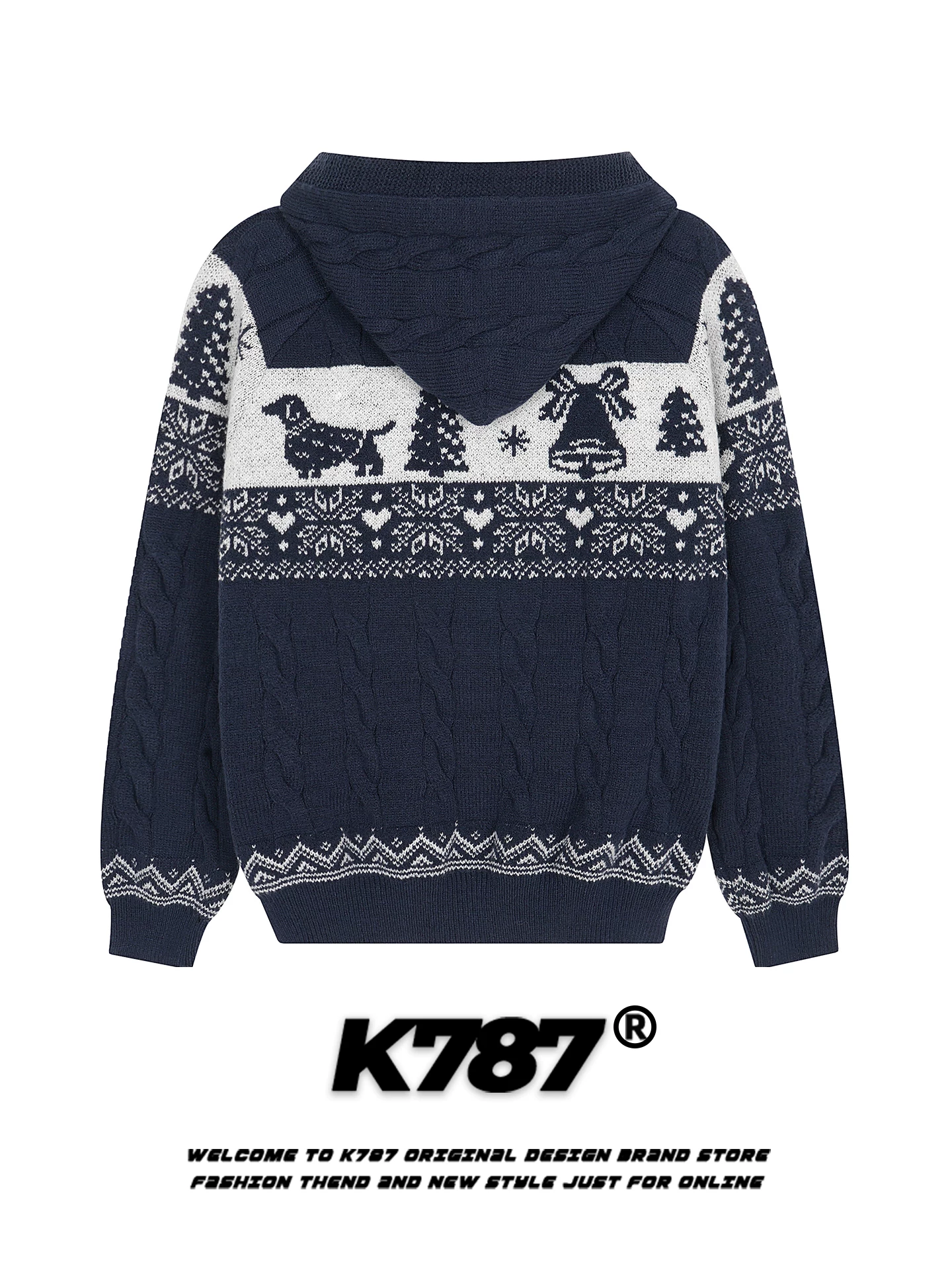 Áo len cardigan có mũ trùm đầu kiểu Mỹ cổ điển K787, họa tiết Fair Isle, dành cho nam và nữ, áo khoác dệt kim giữ ấm mùa thu đông cho cặp đôi