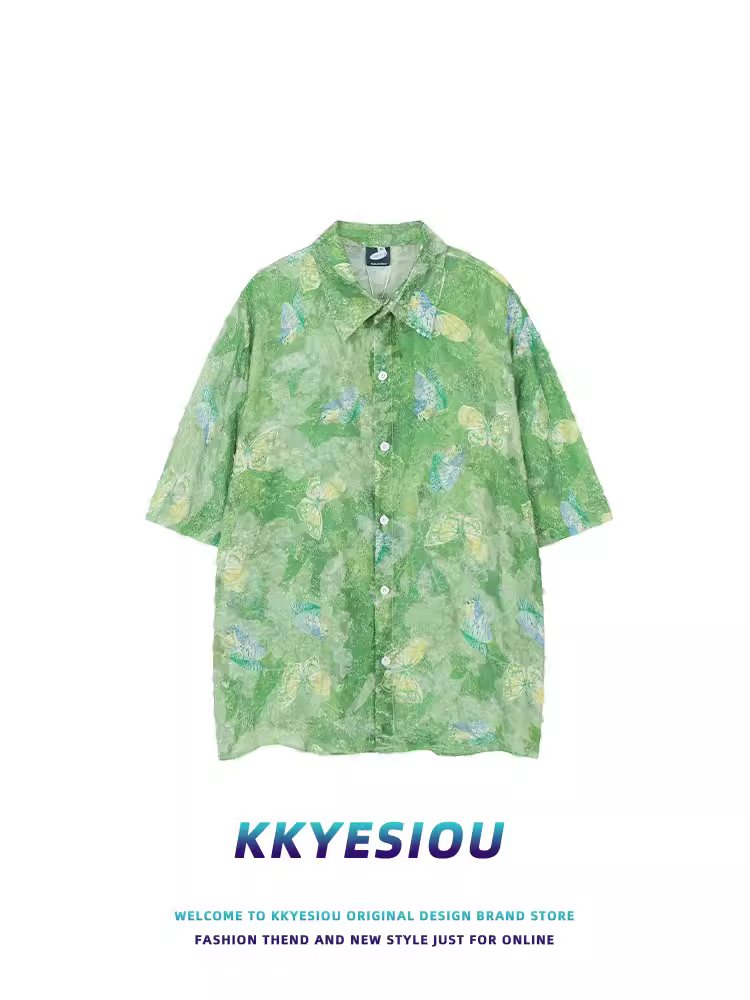 Áo sơ mi ngắn tay đa năng đi biển mùa hè KKyesiou dành cho nam và nữ, thiết kế rộng rãi, áo đôi màu xanh lá cây
