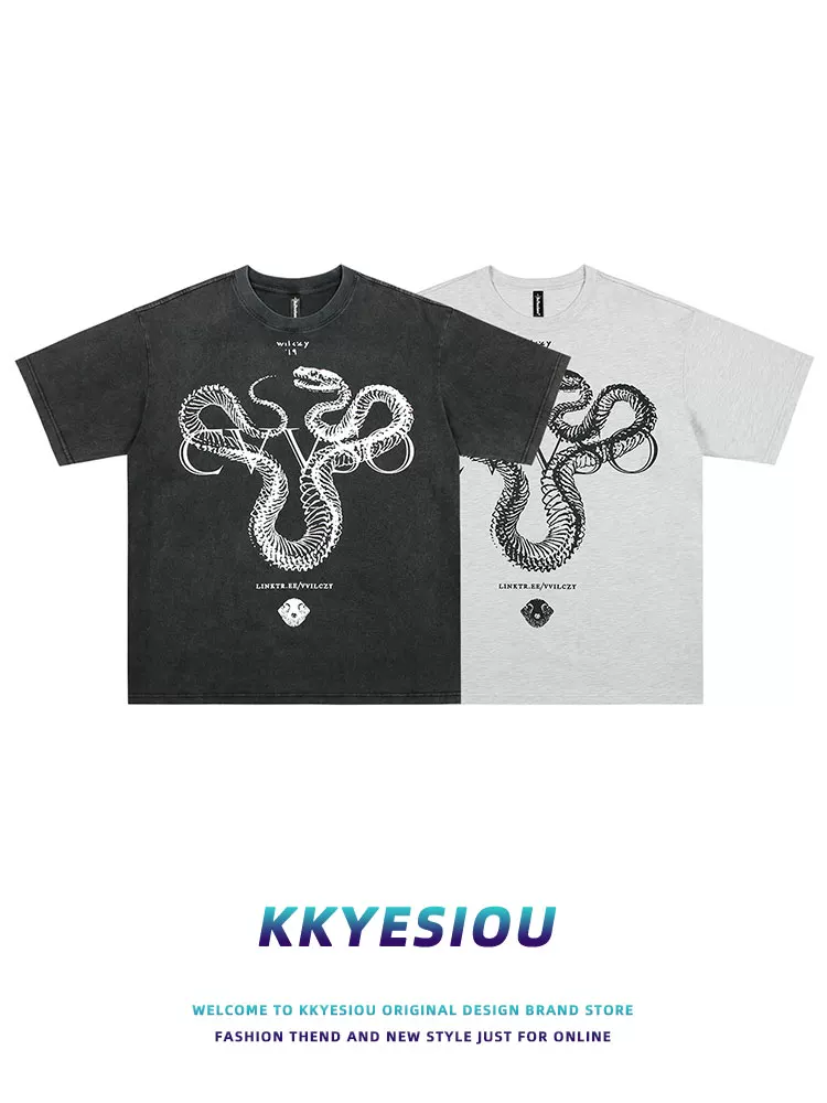 Áo thun ngắn tay KKyesiou phong cách retro Mỹ, hip-hop, họa tiết rắn, unisex, dáng rộng, chất liệu washed, dành cho cặp đôi