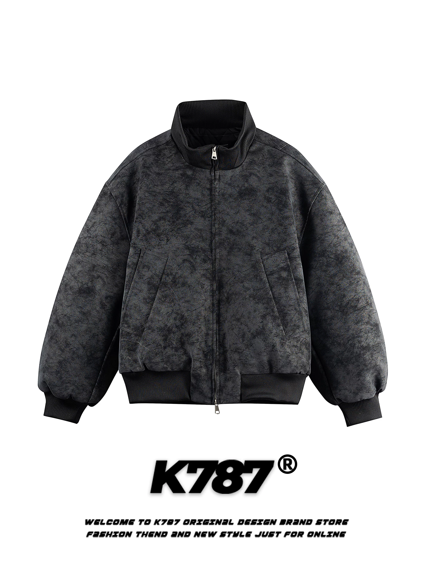 Áo khoác cotton cổ đứng chất liệu da PU kiểu Mỹ cổ điển K787 dành cho nam và nữ, áo khoác biker đường phố rộng rãi, áo khoác cotton ấm áp cho mùa đông.