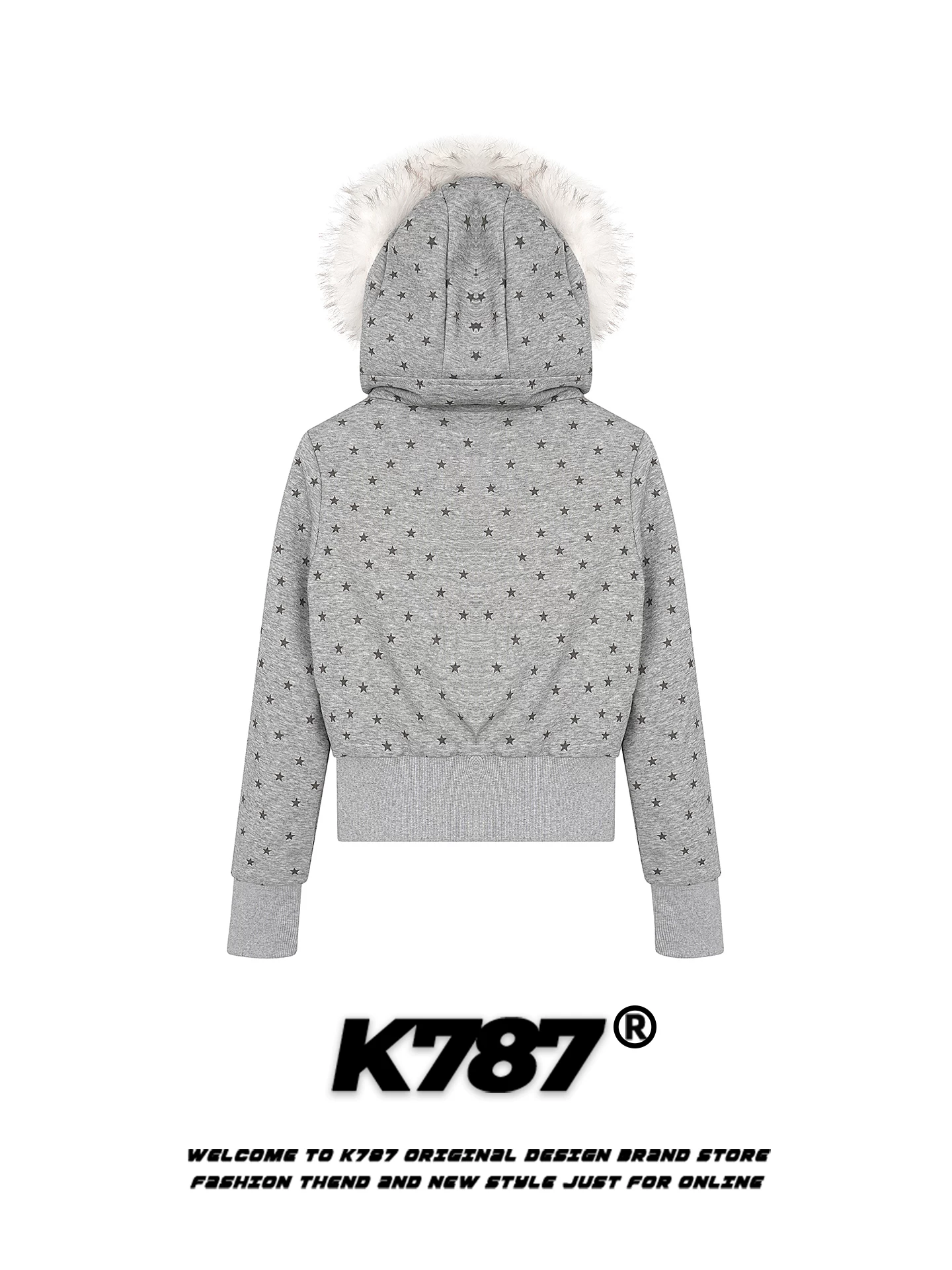 Áo khoác cotton có mũ trùm đầu cổ lông in hình ngôi sao phong cách retro Mỹ K787 dành cho nữ, lót lông cừu, dày dặn, ấm áp, áo khoác cotton ngắn cho mùa đông.
