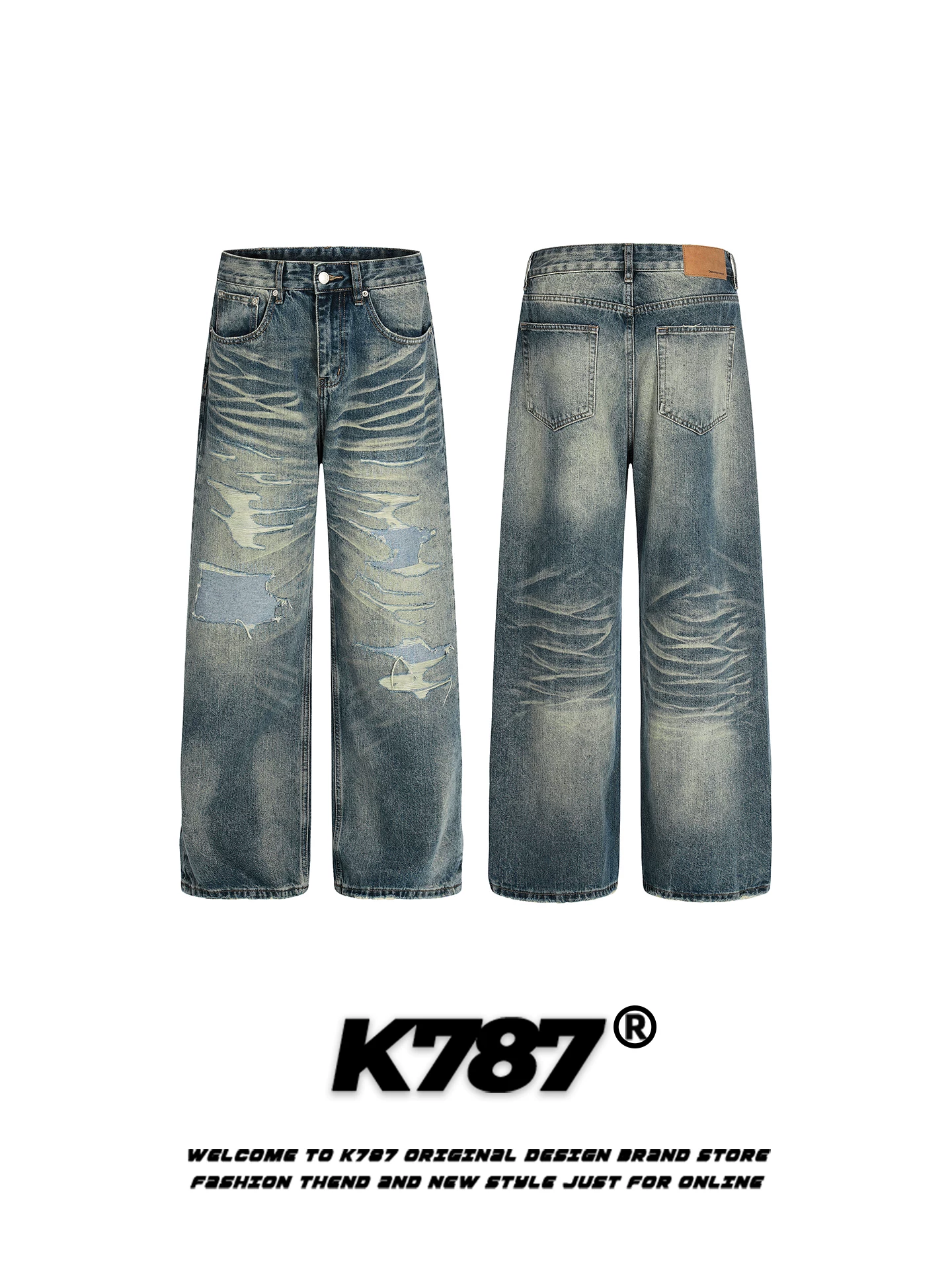 Quần jeans rách kiểu đường phố Mỹ K787 dành cho nam, dáng rộng, màu phai, thương hiệu thời thượng, phong cách cá tính, quần dài ống rộng thoải mái