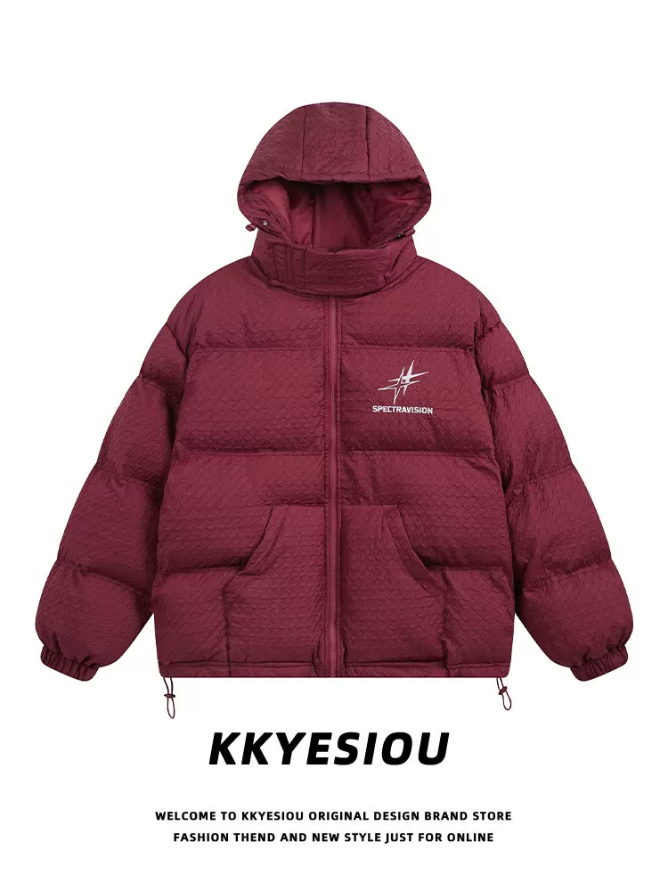Áo khoác cotton kiểu Mỹ cổ điển màu đỏ đô thời thượng của KKyesiou dành cho nam và nữ, có cổ đứng, áo khoác cotton có mũ mùa đông phong cách đại học