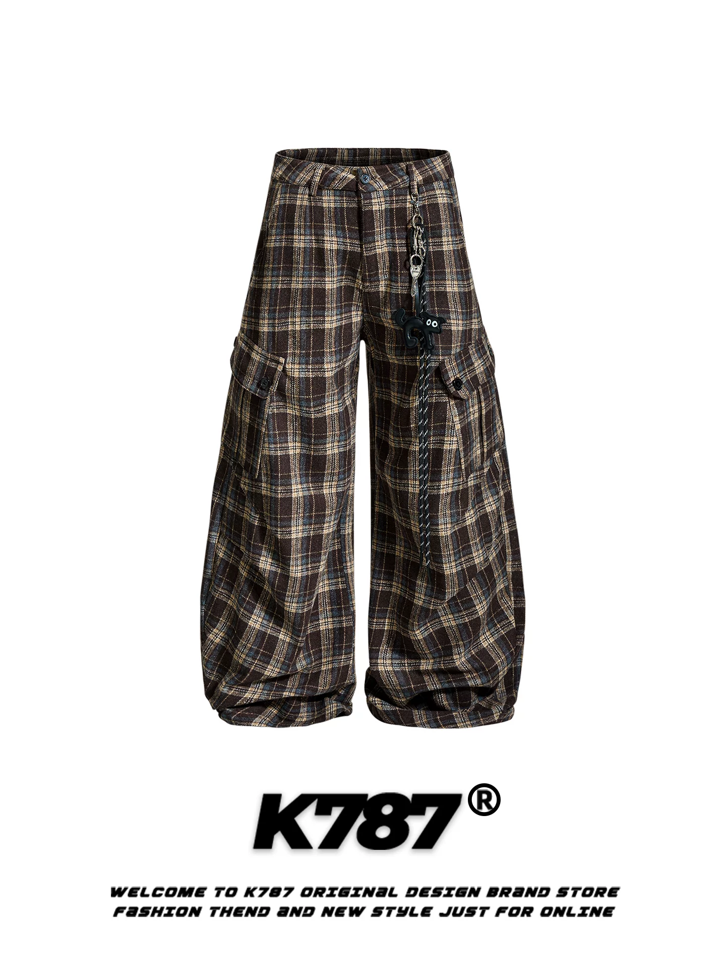Quần dài kiểu lính dù nhiều túi phong cách retro Mỹ K787, unisex, rộng rãi, hợp thời trang, cạp cao, kẻ ca rô, dáng dài
