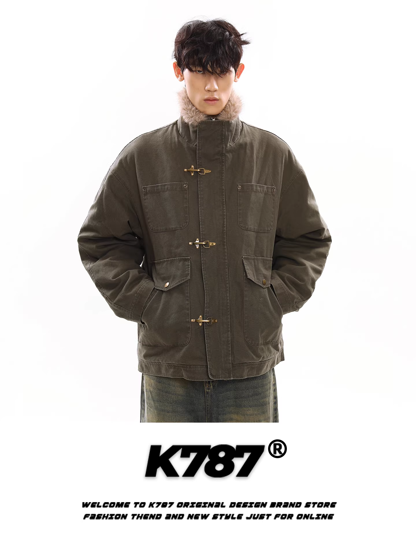 Áo khoác cotton có mũ trùm đầu phong cách retro Mỹ K787 dành cho nam và nữ với nhiều túi, áo khoác cotton dày và ấm áp.