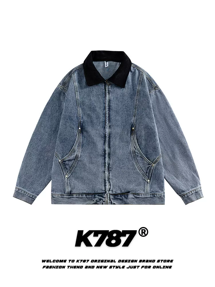 Áo khoác denim kiểu dáng cổ điển Mỹ K787, phong cách retro, chất liệu denim xước, kiểu dáng unisex, áo khoác cặp đôi, phong cách vintage, kiểu dáng công nhân.