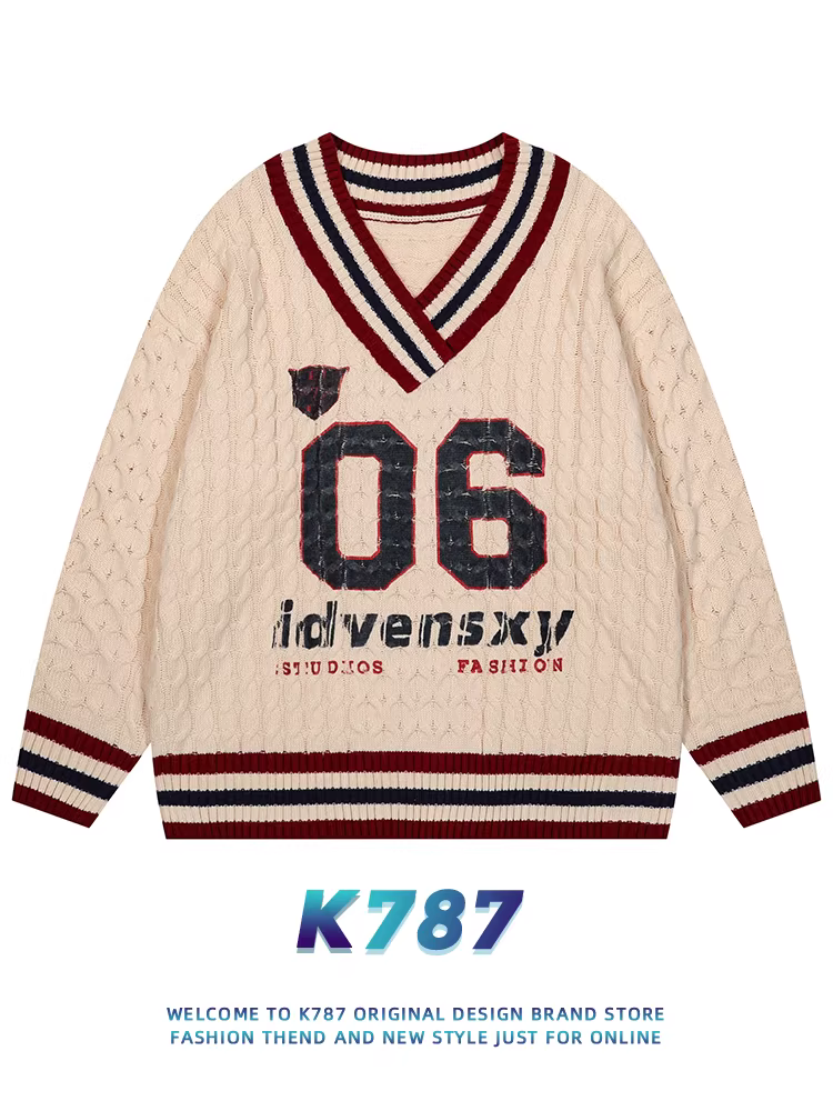 Áo len thể thao kiểu dáng cổ điển Mỹ K787 dành cho nam và nữ, áo len phối màu sọc cổ V phong cách đường phố dành cho cặp đôi