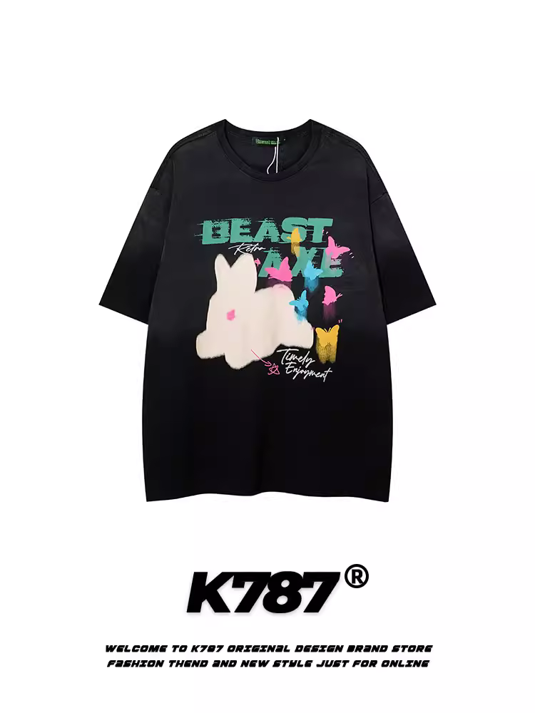 Áo thun ngắn tay kiểu Mỹ cổ điển K787 họa tiết bướm phối màu gradient dành cho nam và nữ, phong cách giản dị, áo thun đôi đa năng, kiểu dáng đã qua xử lý.