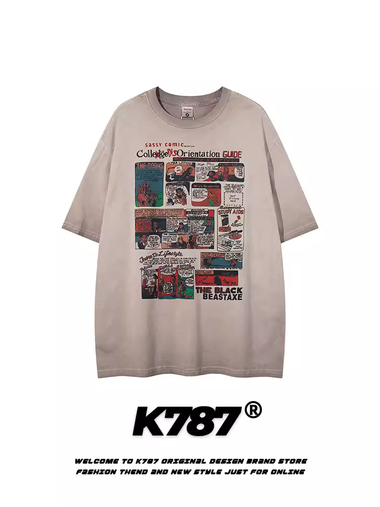 K787 Áo thun ngắn tay phong cách retro vui nhộn của Mỹ dành cho nam và nữ áo thun dáng rộng dáng rộng dành cho cặp đôi