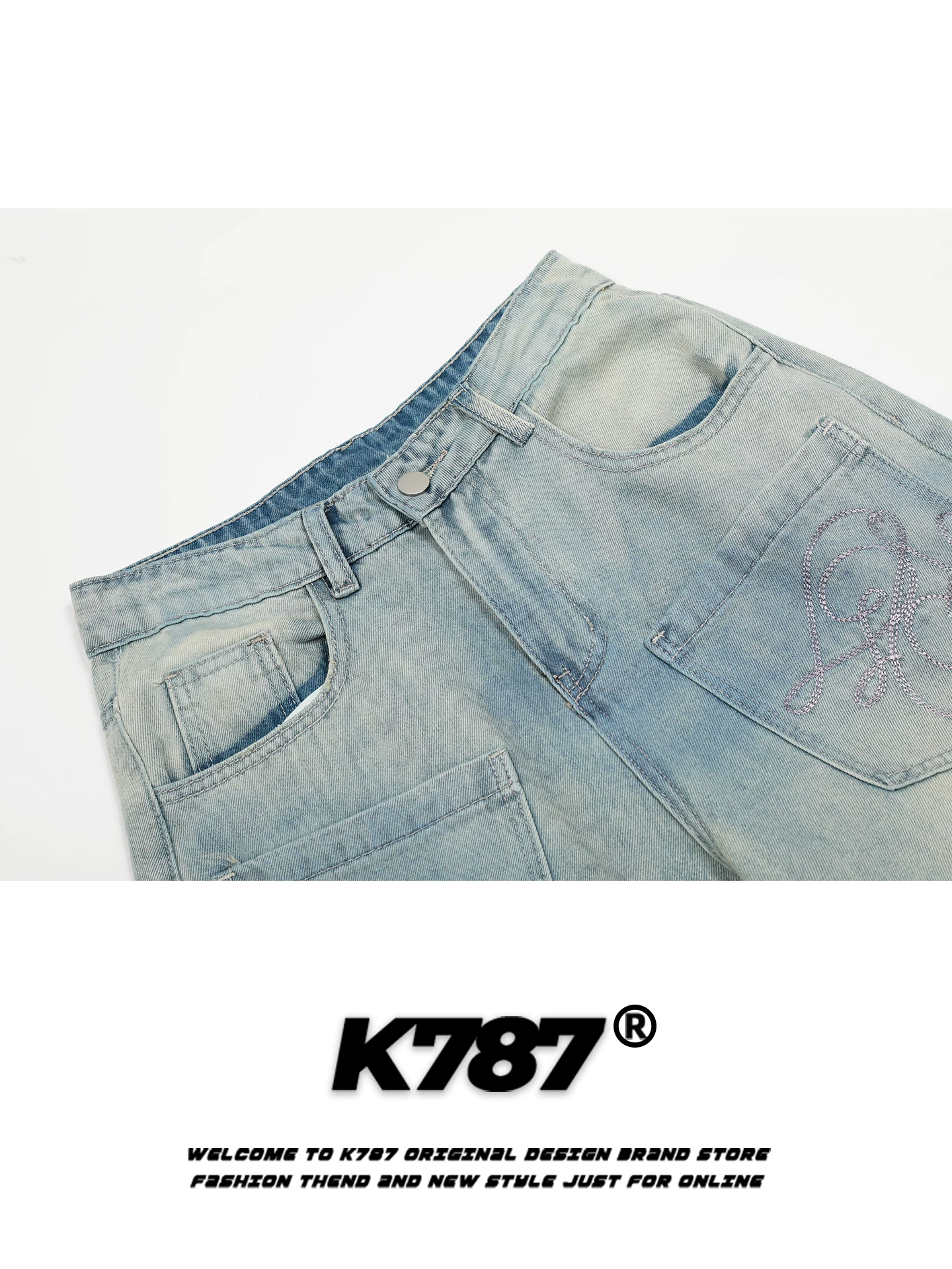Quần jeans đính đá phong cách đường phố Mỹ K787 dành cho nam và nữ, nhiều túi, cạp cao, dáng rộng, ống thẳng, ống rộng, phong cách thường ngày