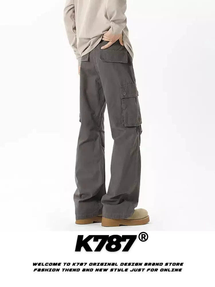 Quần cargo ống loe kiểu Mỹ cổ điển K787, chất liệu washed, xước nhẹ, dành cho nam, nhiều túi, cạp cao, đa năng, phong cách hip-hop, dáng thẳng.