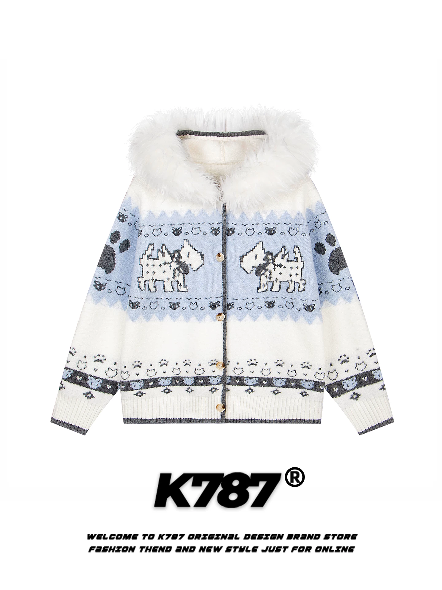 Áo len có mũ trùm đầu, cổ lông thú dệt jacquard phong cách đường phố Mỹ K787 dành cho nam và nữ, kiểu dáng rộng rãi, thoải mái, áo khoác cặp đôi dệt kim.