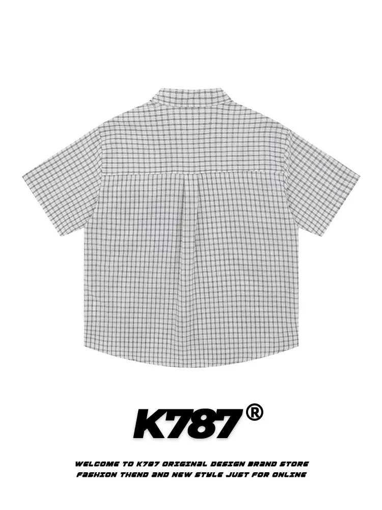 K787 Áo sơ mi ngắn tay dáng rộng kiểu Mỹ cổ điển kẻ sọc dành cho nam và nữ, phong cách cổ điển, hợp thời trang, áo cardigan cặp đôi nửa tay