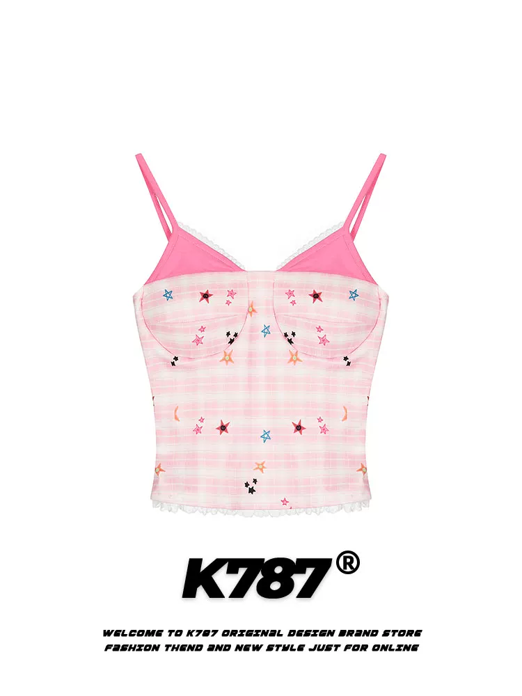 Áo camisole nữ kiểu BM K787 in họa tiết sao dopamine, kẻ caro, giả hai mảnh, có mút ngực