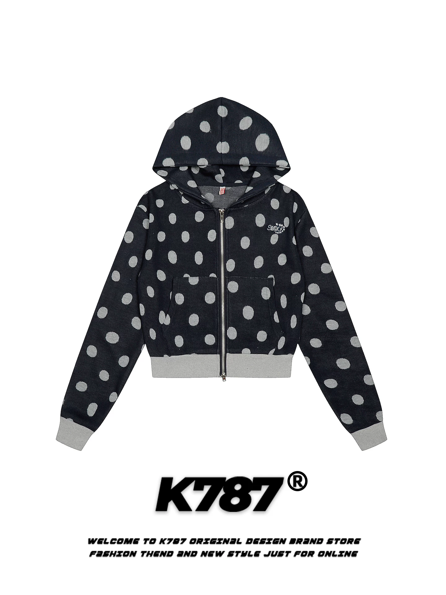 Áo khoác cardigan có mũ trùm đầu kiểu Mỹ cổ điển, họa tiết chấm bi phối màu, dành cho nữ, phong cách giản dị, ngọt ngào và cá tính, kiểu áo khoác ngắn.