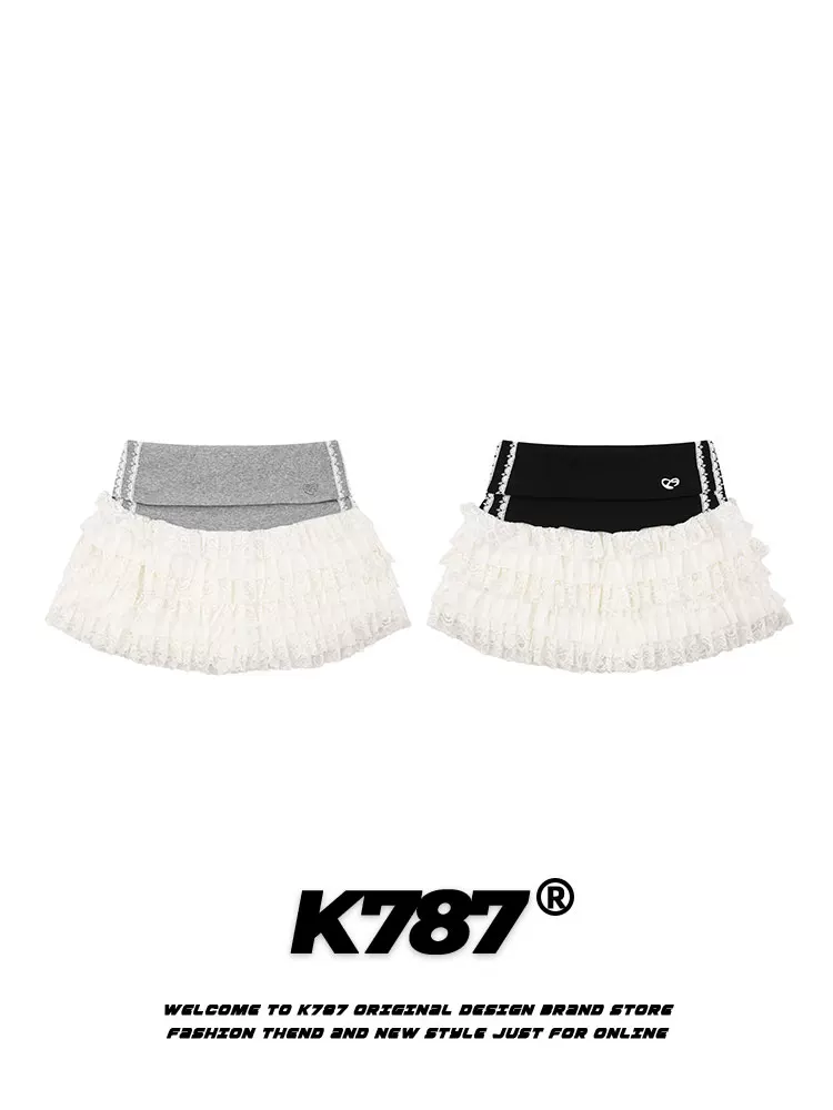 Váy bánh bèo xếp tầng ren phối chất liệu K787 phong cách đường phố Mỹ, cạp cao, chống lộ, dáng chữ A, ngắn, dành cho mùa hè