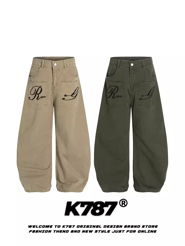 Quần kaki thêu kiểu Mỹ cổ điển K787, chất liệu washed, dáng rộng unisex, phong cách đường phố, kiểu dáng thẳng, ống rộng