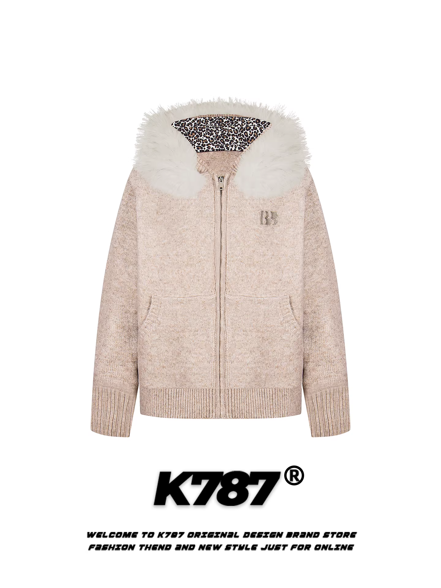 Áo khoác cardigan len dệt kim họa tiết báo cổ lông phong cách retro Mỹ K787 dành cho nam và nữ, giữ ấm mùa đông, phong cách giản dị, thoải mái.