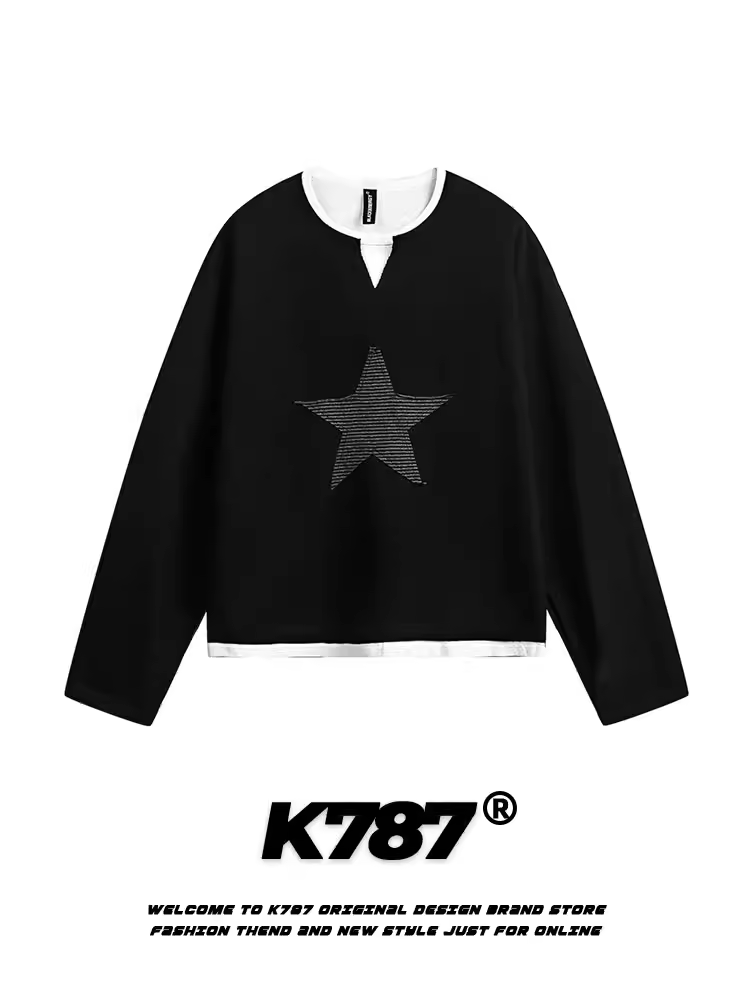 K787 Áo thun cổ điển kiểu Mỹ theo xu hướng quốc gia giả hai mảnh hình ngôi sao unisex đường phố đa năng ins áo thun ngắn tay dài tay