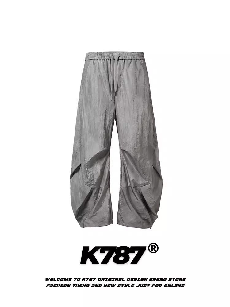 Quần âu nam kiểu dáng túi giấy xếp ly cong phong cách retro Mỹ K787, quần ống rộng dáng suông dây rút phong cách đường phố