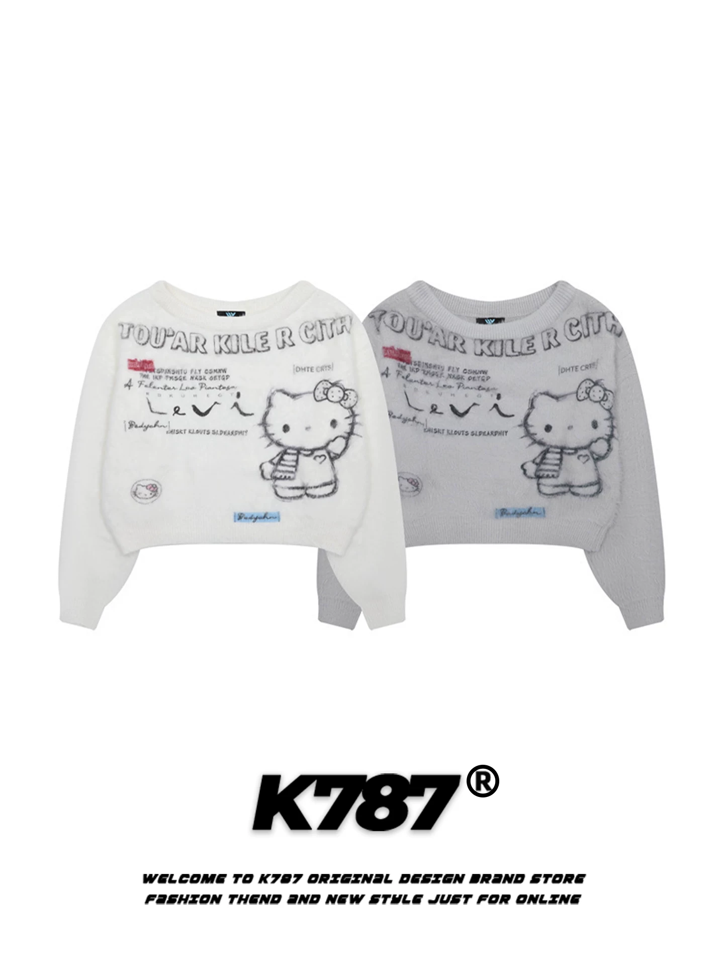 Áo len nữ kiểu Mỹ K787 họa tiết mèo Kitty hoạt hình, dáng rộng, phong cách thời trang, kiểu dáng ôm dáng, áo len ngắn