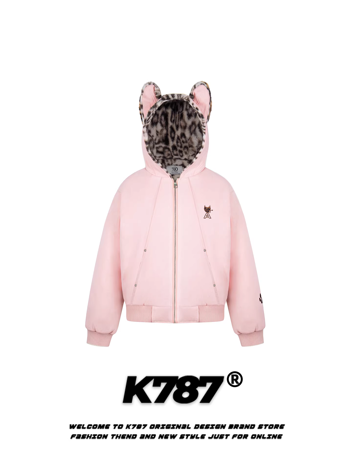 K787 Áo khoác cotton dày có mũ trùm đầu in hình da báo theo phong cách Mỹ dành cho nam và nữ, áo khoác cotton cặp đôi màu hồng rộng rãi và ấm áp