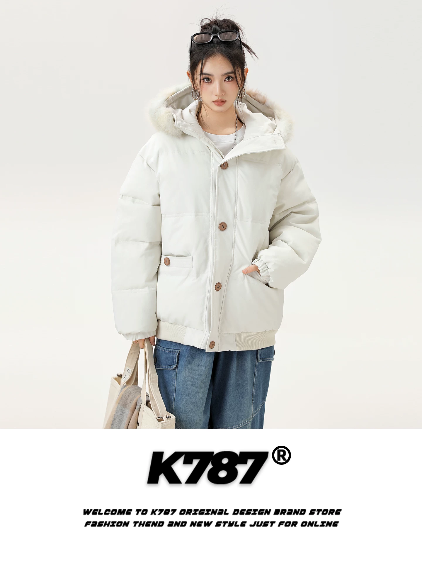 Áo khoác cotton có mũ trùm đầu, cổ lông thú, kiểu dáng retro Mỹ, thương hiệu K787, dành cho nam và nữ, dáng rộng, dày dặn, ấm áp, áo khoác cotton mùa đông dành cho cặp đôi.