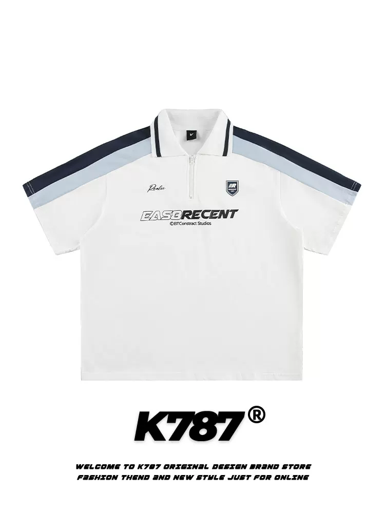 Áo sơ mi POLO phối sọc cổ điển kiểu Mỹ K787 dành cho nam và nữ, phong cách đại học đa năng, dáng rộng, cổ bẻ, áo thun ngắn tay.