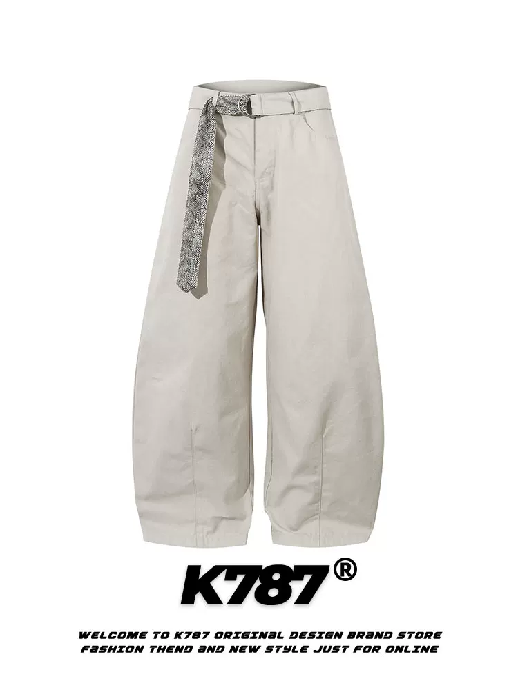 Quần Âu Unisex dáng rộng, chất liệu vải bố phối ren họa tiết da báo kiểu retro Mỹ, cạp chun, ống thẳng, phong cách đường phố, mã K787