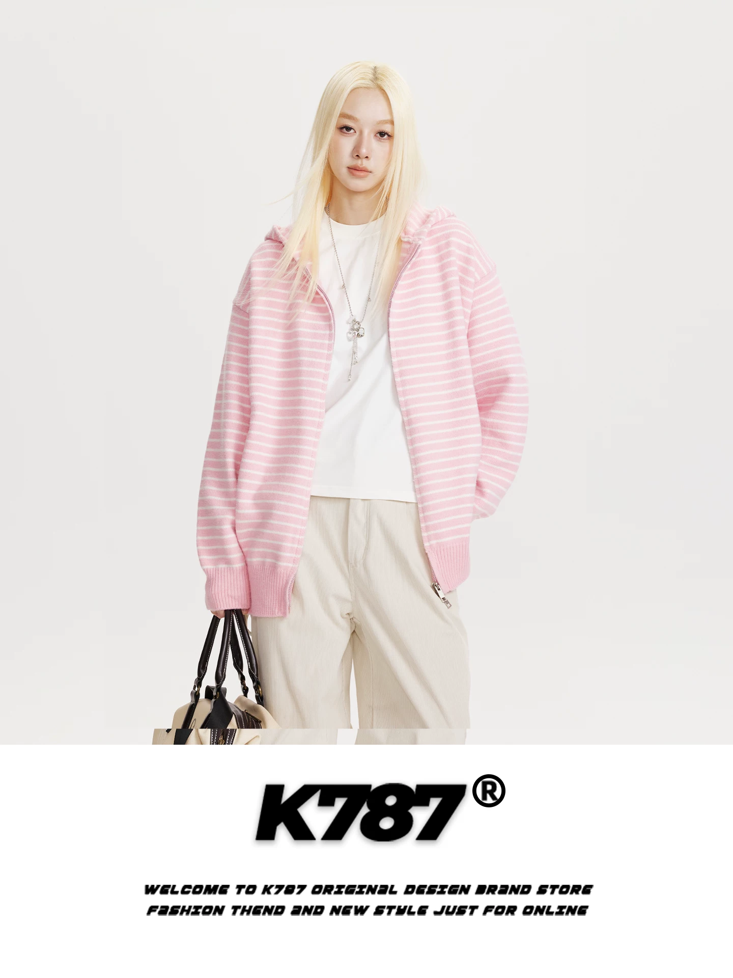 Áo khoác cardigan len dệt kim màu hồng, kiểu dáng rộng rãi, phong cách lười biếng, unisex, có mũ trùm đầu, phối màu sọc, kiểu Mỹ, mã K787