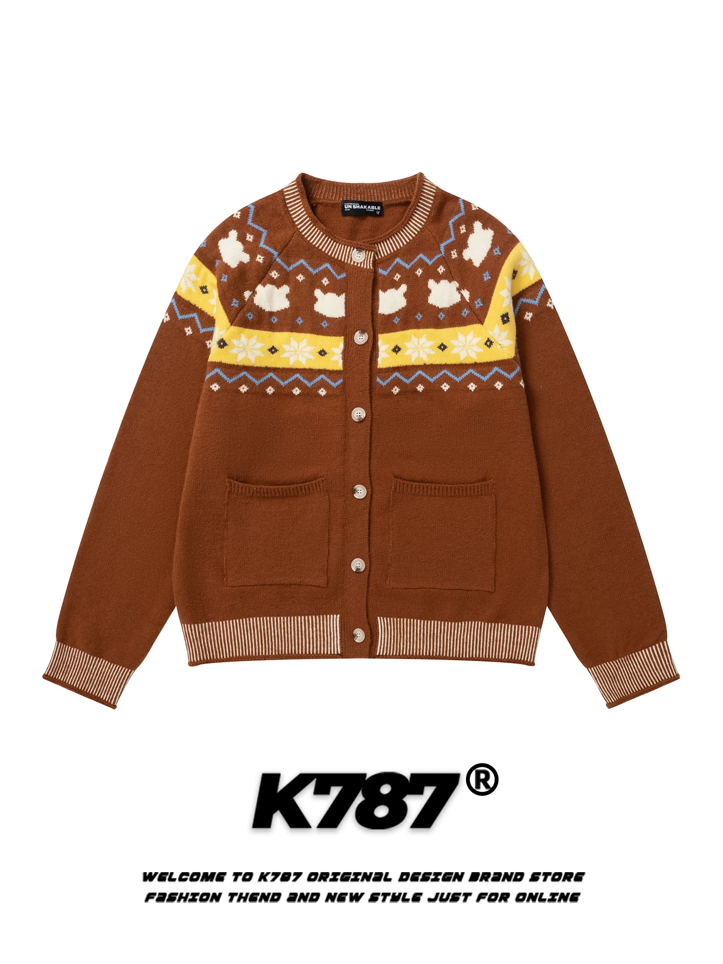 Áo cardigan dệt kim phong cách đường phố Mỹ K787, năng động và giản dị dành cho nam và nữ, áo khoác len rộng kiểu trộm cắp vui nhộn, kiểu Fair Isle.