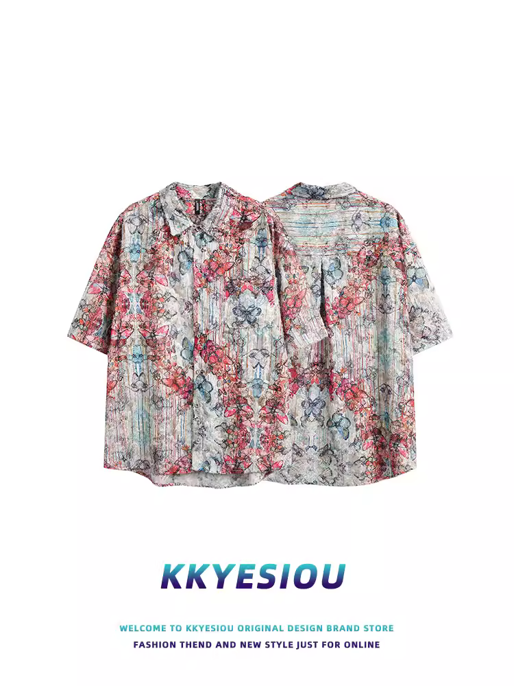 Áo sơ mi ngắn tay sọc kiểu Trung Quốc KKyesiou dành cho nam và nữ, áo cặp đôi kiểu Trung Quốc cỡ lớn