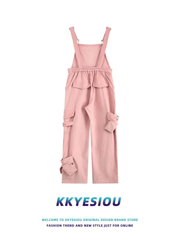 KKyesiou quần yếm có dây buộc phong cách preppy unisex màu hồng dễ thương dopamine mùa hè