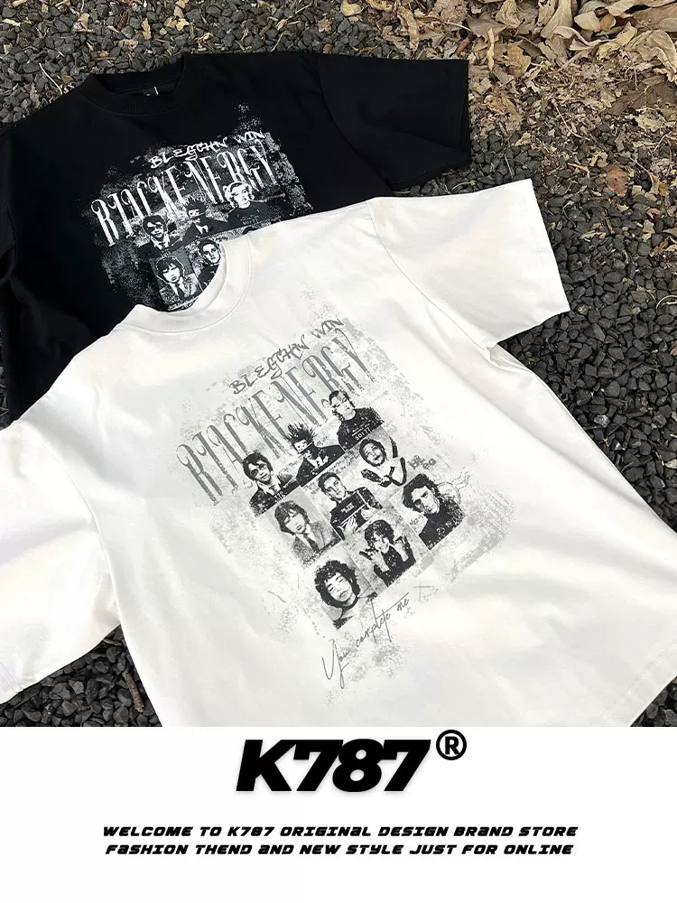 K787 Áo thun ngắn tay cotton dày dặn phong cách hip-hop cổ điển của Mỹ dành cho nam và nữ, áo thun ngắn tay cỡ lớn dành cho cặp đôi.