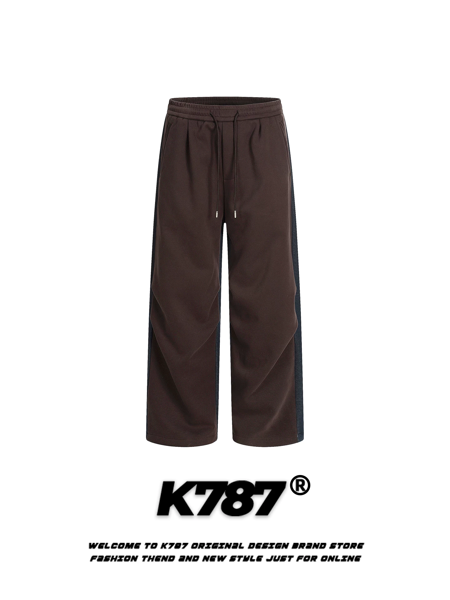 Quần thể thao giả denim phối màu cổ điển kiểu Mỹ K787 dành cho nam và nữ, lót lông cừu, ấm áp, cạp cao, quần ống rộng thẳng