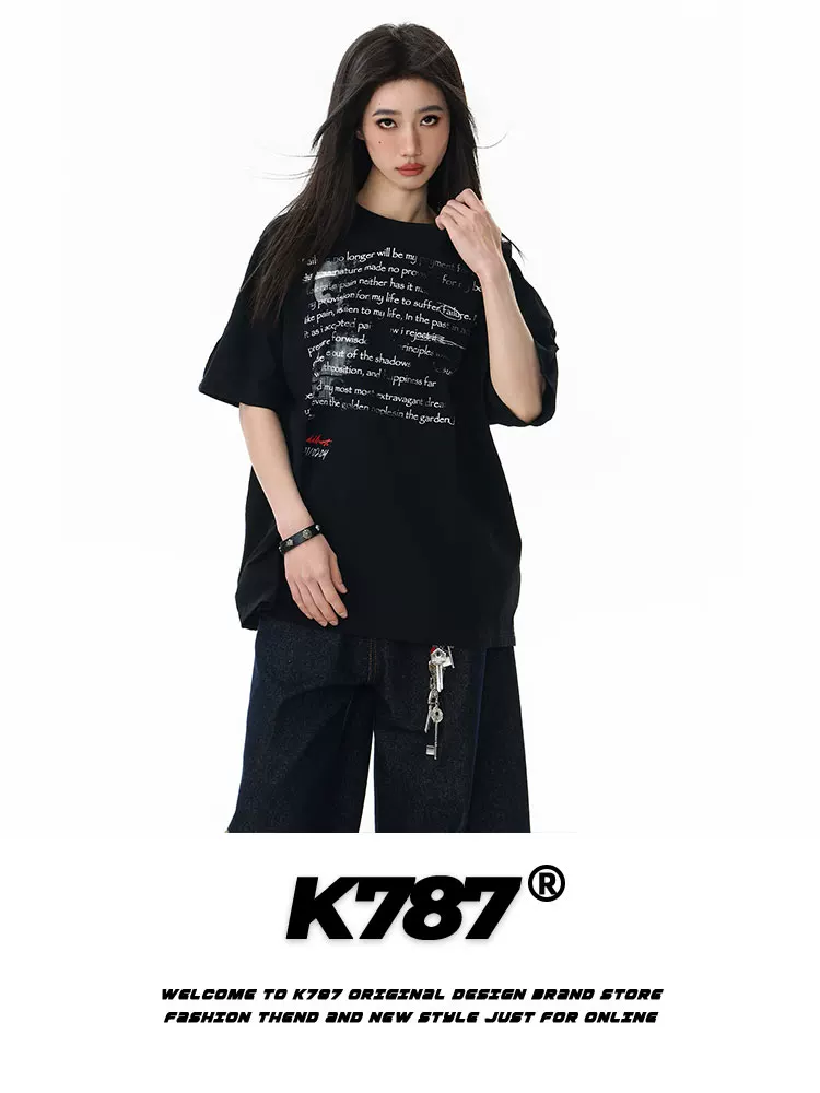 Áo thun ngắn tay phong cách đường phố Mỹ K787, kiểu chữ hip-hop, thiết kế rách cá tính, dành cho nam và nữ, dáng rộng, đa năng, thích hợp cho mùa hè.