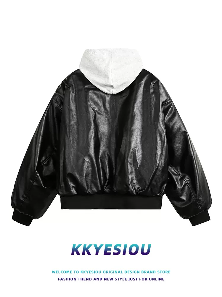Áo khoác cotton có mũ trùm đầu giả hai mảnh kiểu Mỹ cổ điển KKyesiou dành cho nam và nữ, áo khoác da dày dặn có đệm mùa đông.