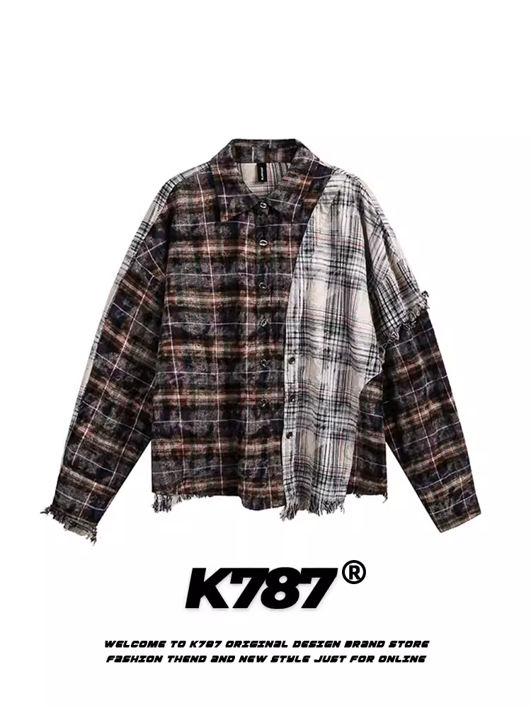 Áo sơ mi dài tay kiểu Mỹ cổ điển K787 dành cho nam và nữ, họa tiết vintage, viền xù, màu trắng cũ, kiểu dáng rộng rãi, thoải mái.