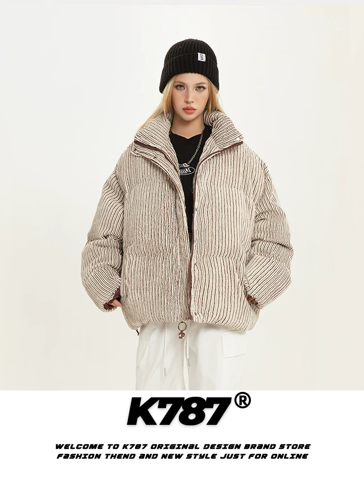 Áo khoác có cổ đứng sọc cổ điển kiểu Trung Quốc K787 dành cho nam và nữ, áo khoác cotton cặp đôi phong cách đại học ấm áp mùa đông.