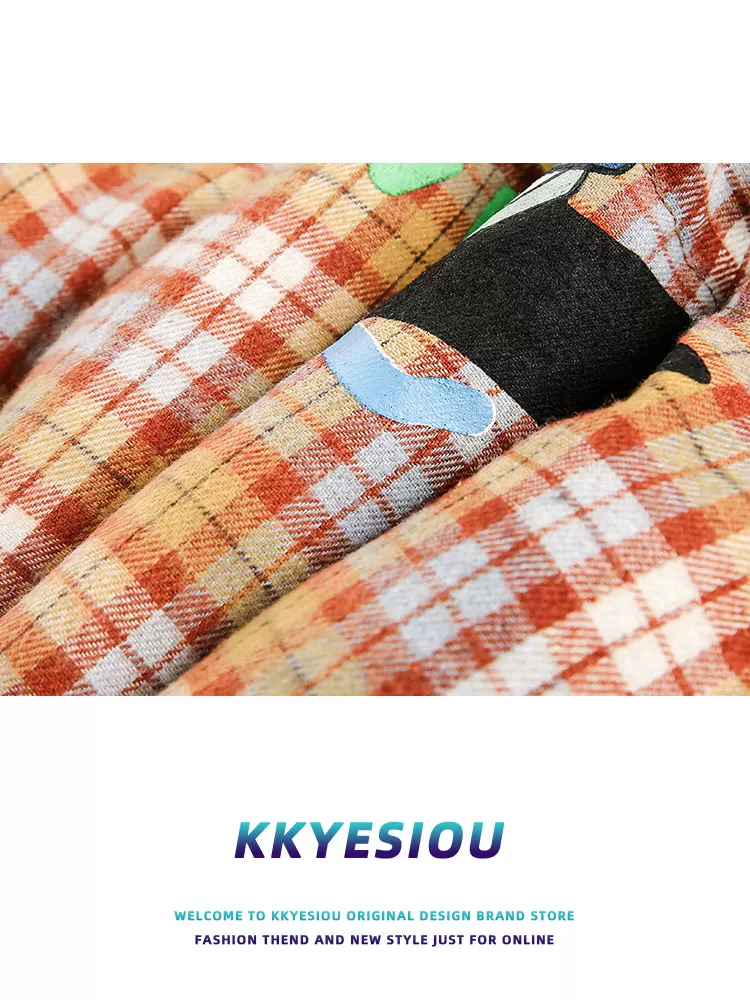 Áo khoác phao dày dặn kiểu Mỹ cổ điển kẻ ca rô KKyesiou dành cho nam và nữ, có thêu họa tiết vui nhộn, mùa đông 2024, chất liệu cotton
