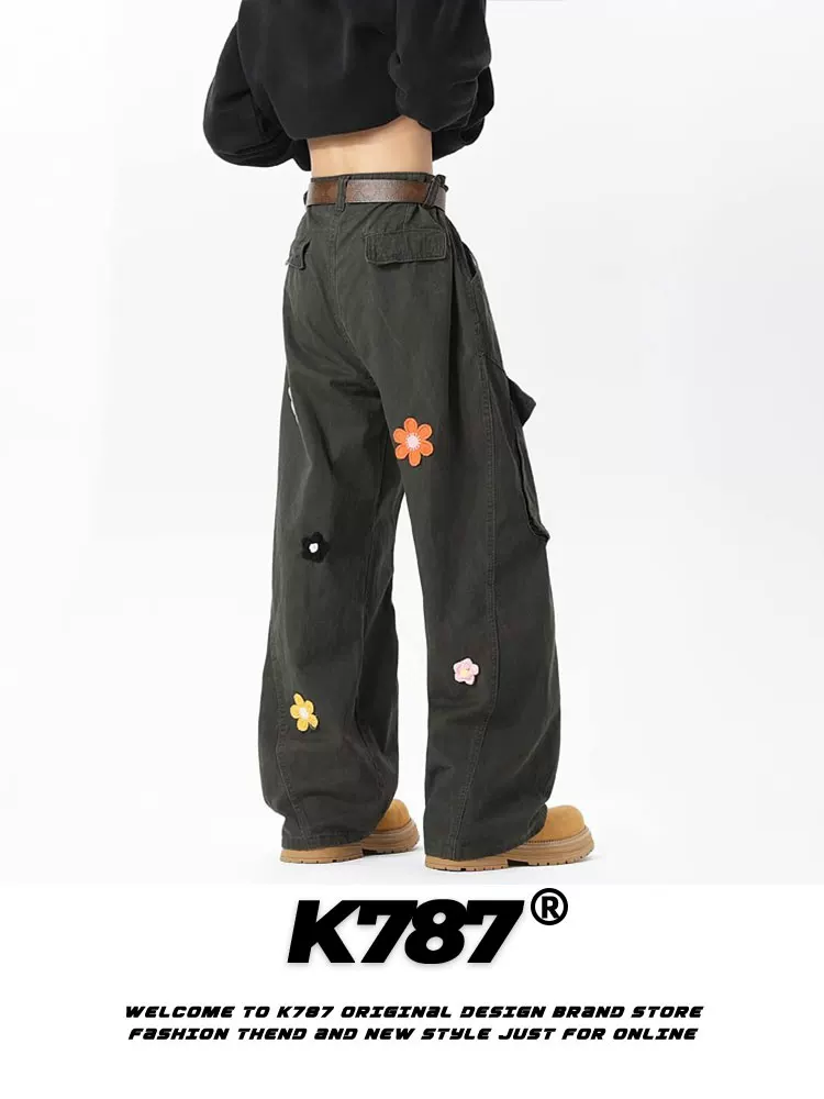 Quần Âu kiểu vintage phong cách Mỹ K787, chất liệu washed, thêu hoa, dành cho nam và nữ, dáng thẳng, phong cách thường ngày
