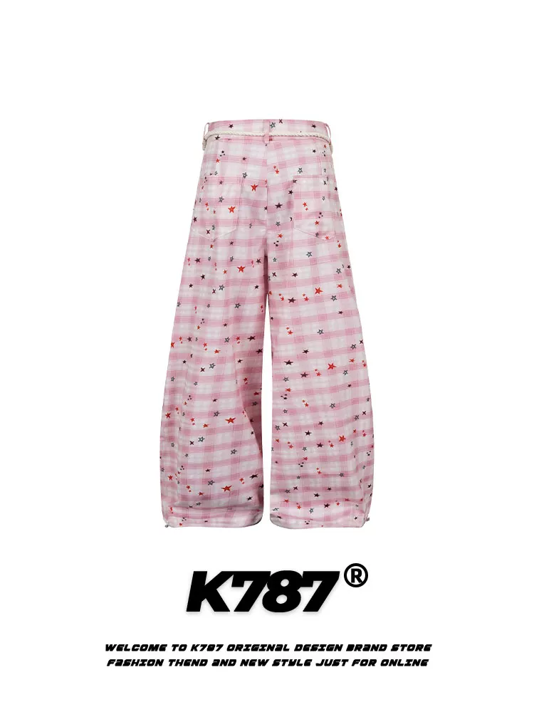 Quần âu kiểu Mỹ cổ điển K787 họa tiết hoa caro, unisex, dáng rộng, ống rộng, cạp cao, kiểu dáng xòe.