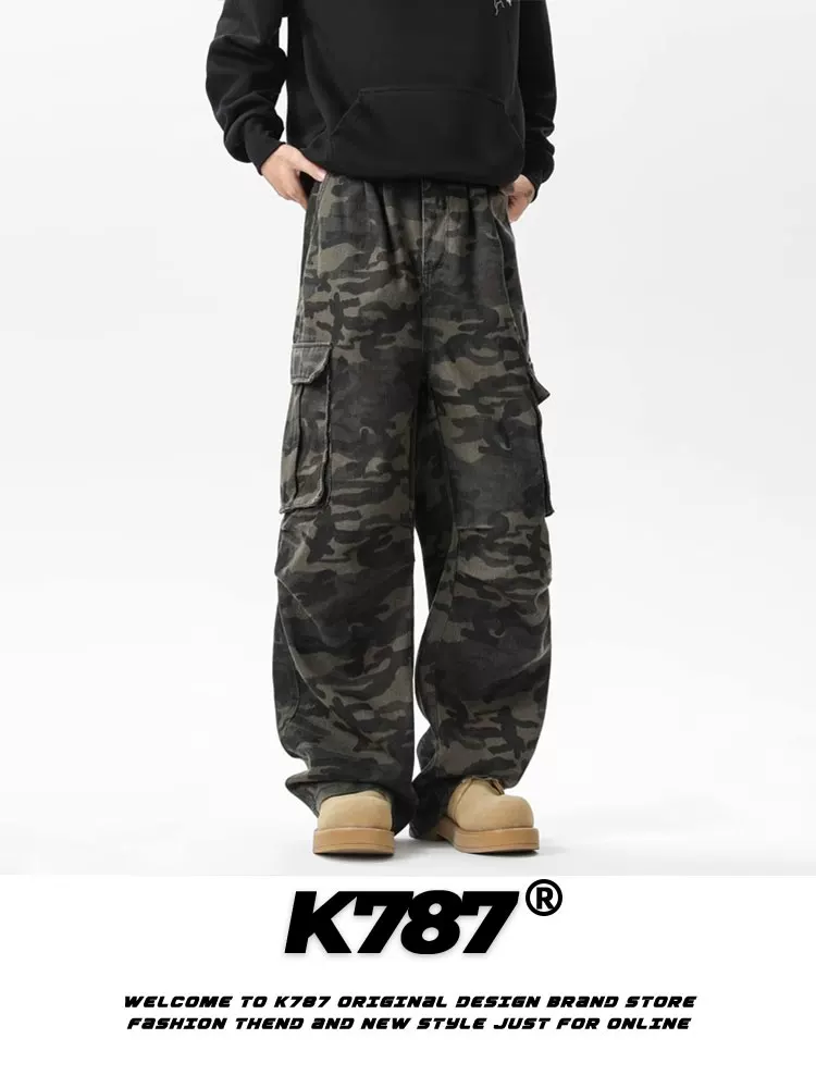 Quần cargo đa túi phong cách retro Mỹ K787, unisex, kiểu hip-hop, ống rộng, dáng rộng, ống thẳng