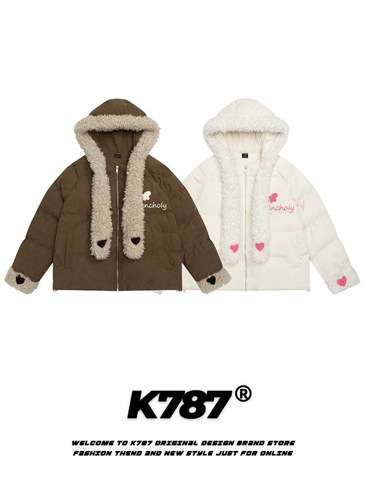 Áo khoác cotton dày dặn phong cách retro Mỹ K787, có cổ lông, áo khoác cotton có mũ trùm đầu thêu hình trái tim dễ thương, unisex, kèm khăn quàng cổ