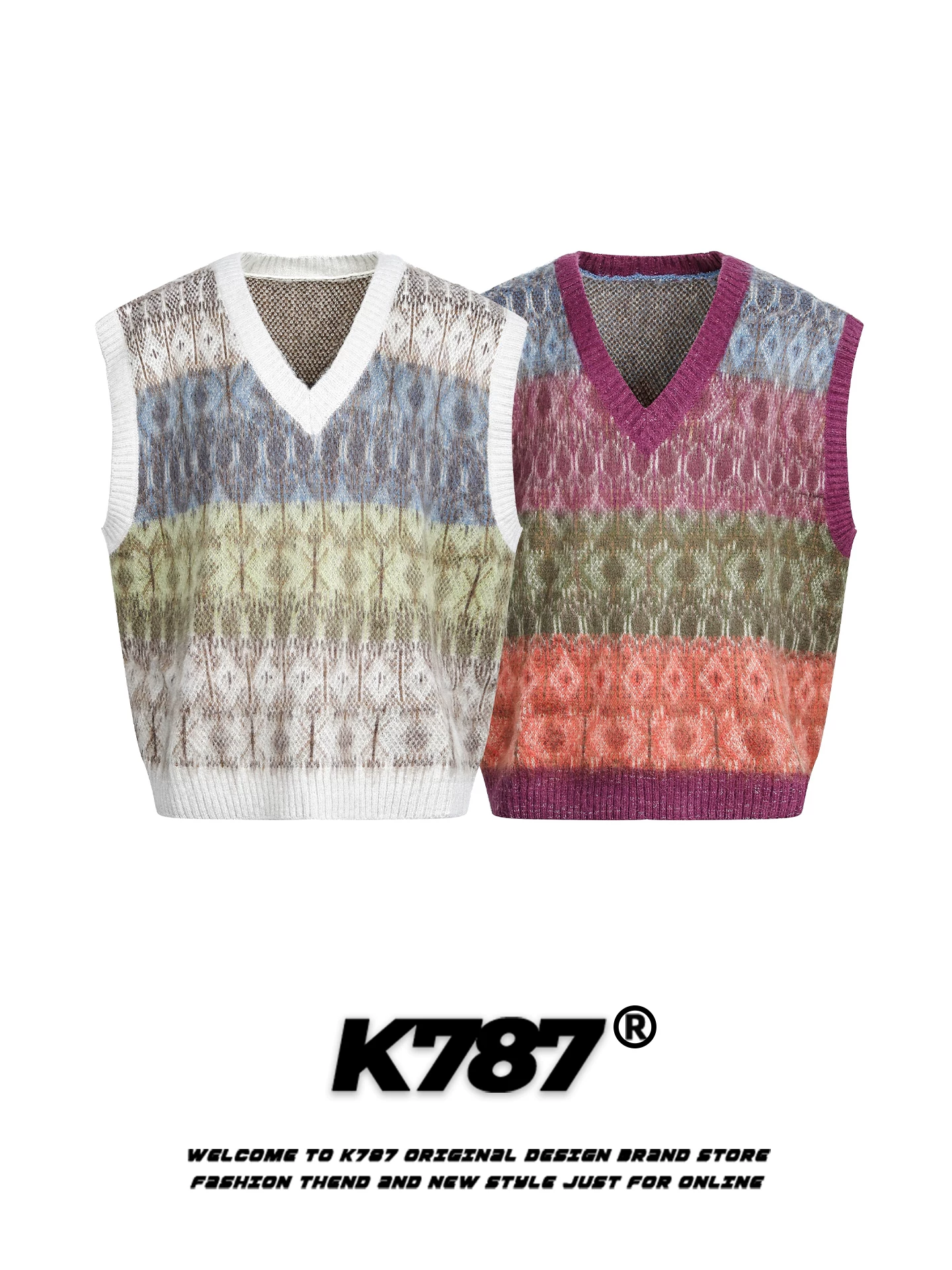 K787 Áo len cổ chữ V màu khối màu theo phong cách retro của Mỹ unisex dáng rộng theo xu hướng quốc gia áo vest dệt kim không tay xếp lớp dành cho cặp đôi