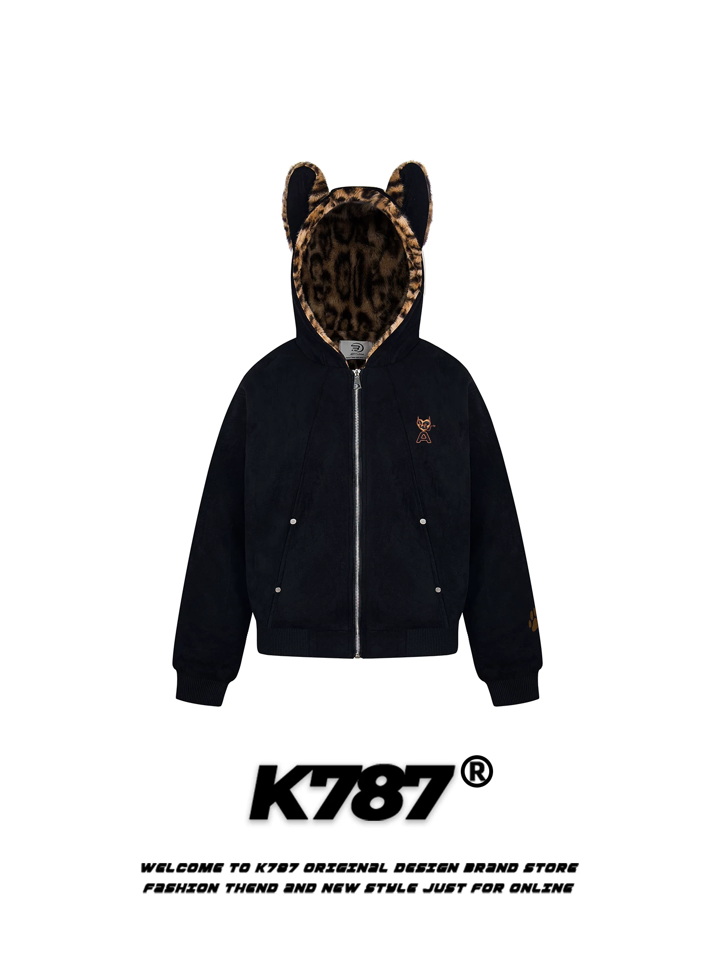 K787 Áo khoác cotton dày có mũ trùm đầu in hình da báo theo phong cách Mỹ dành cho nam và nữ, áo khoác cotton cặp đôi màu hồng rộng rãi và ấm áp