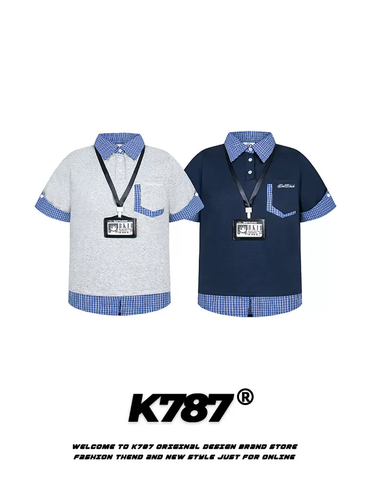 K787 Mỹ retro kẻ sọc giả hai mảnh phong cách đại học áo thun ngắn tay unisex đa năng giản dị áo sơ mi POLO hàng đầu mùa hè