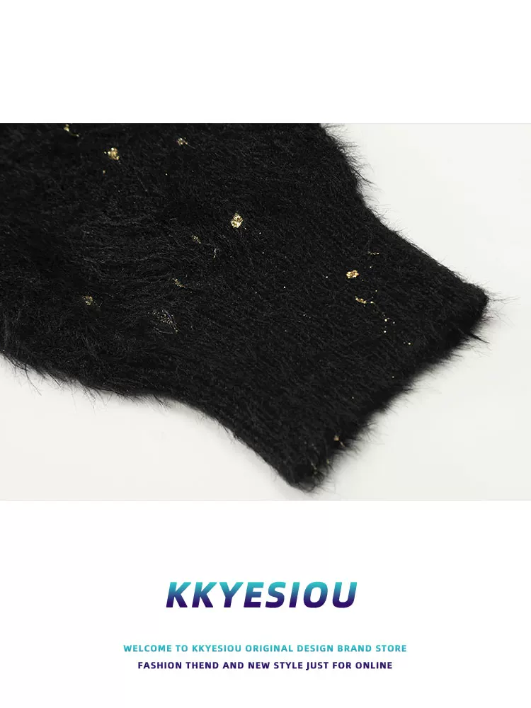 Áo len dệt kim đen đính sequin kiểu dáng lười KKyesiou dành cho nam và nữ, mùa thu 2024, phong cách đường phố Mỹ, áo len đôi