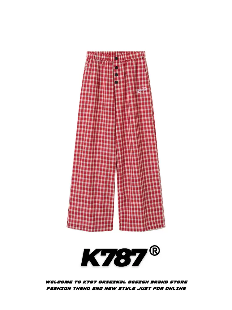 Quần âu kiểu Mỹ K787 kẻ caro năng động, unisex, đa năng, thể thao, hip-hop, cài nút, cạp cao, màu đỏ, dáng thẳng